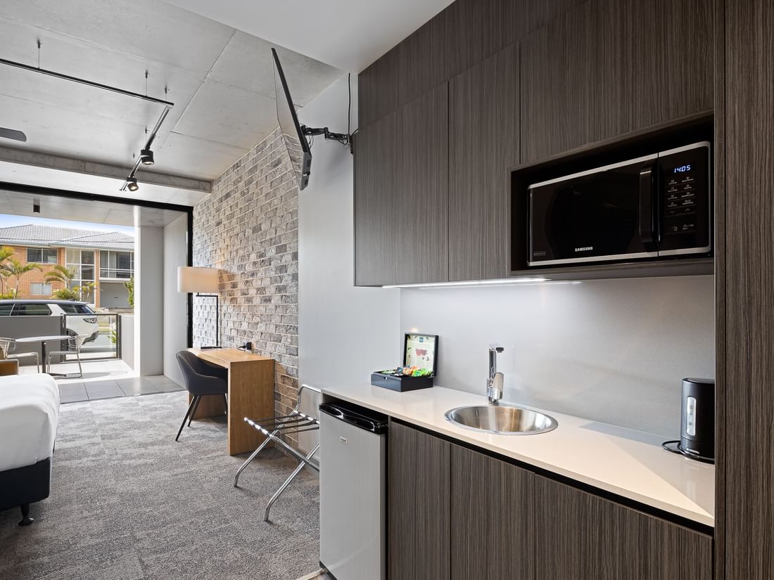 classic room kitchenette and desk