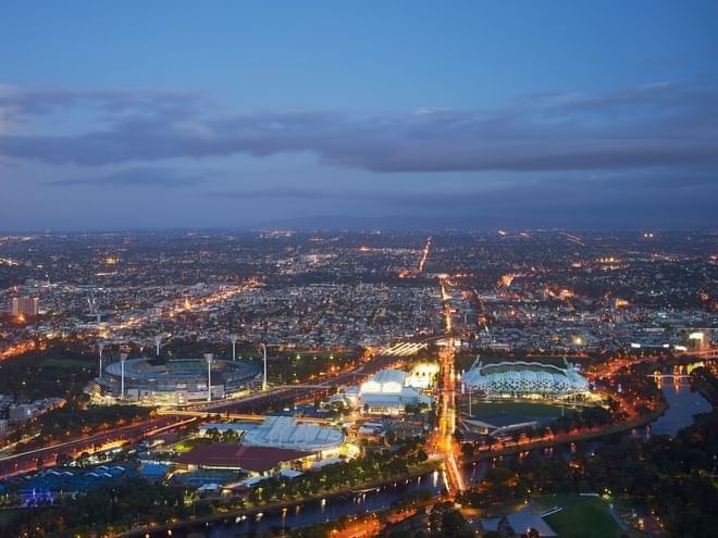 Aerial view of Melbourne city & Aami Park near Amora Hotel