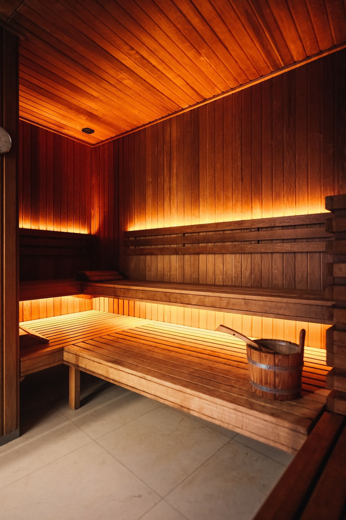 Wooden sauna room in Pause Spa at Paramount Hotel Dubai