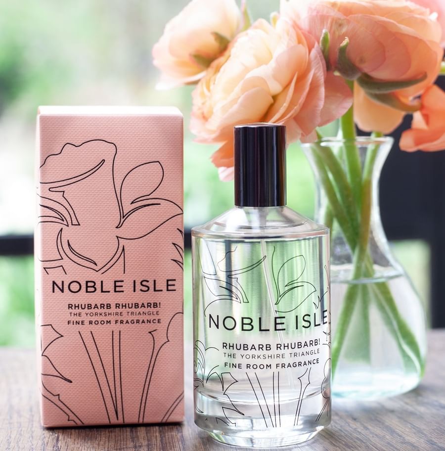 Close-up of Noble and Isle Rhubarb  Fine Room Fragrance bottle on a table at The May Fair Hotel