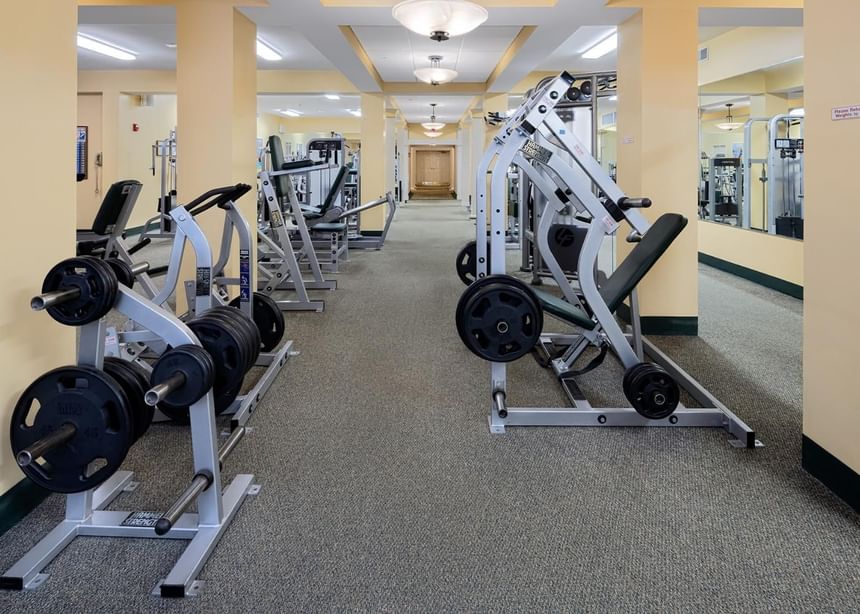 Well-equipped Ogunquit Fitness Center with spacious interior, fitness training equipment & machines at Meadowmere Resort