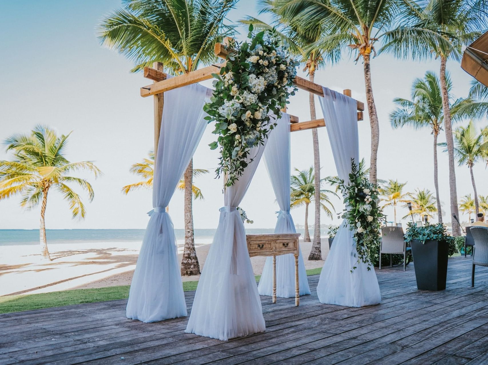 Wedding ceremony décor in Sirena Terrace at Isla Verde Weddings