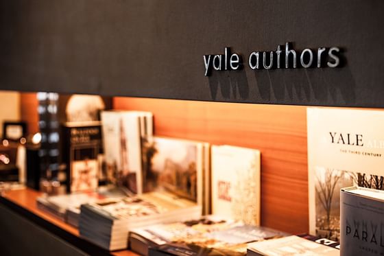 Close-up of a Yale authors book shelves with books at The Study at Yale