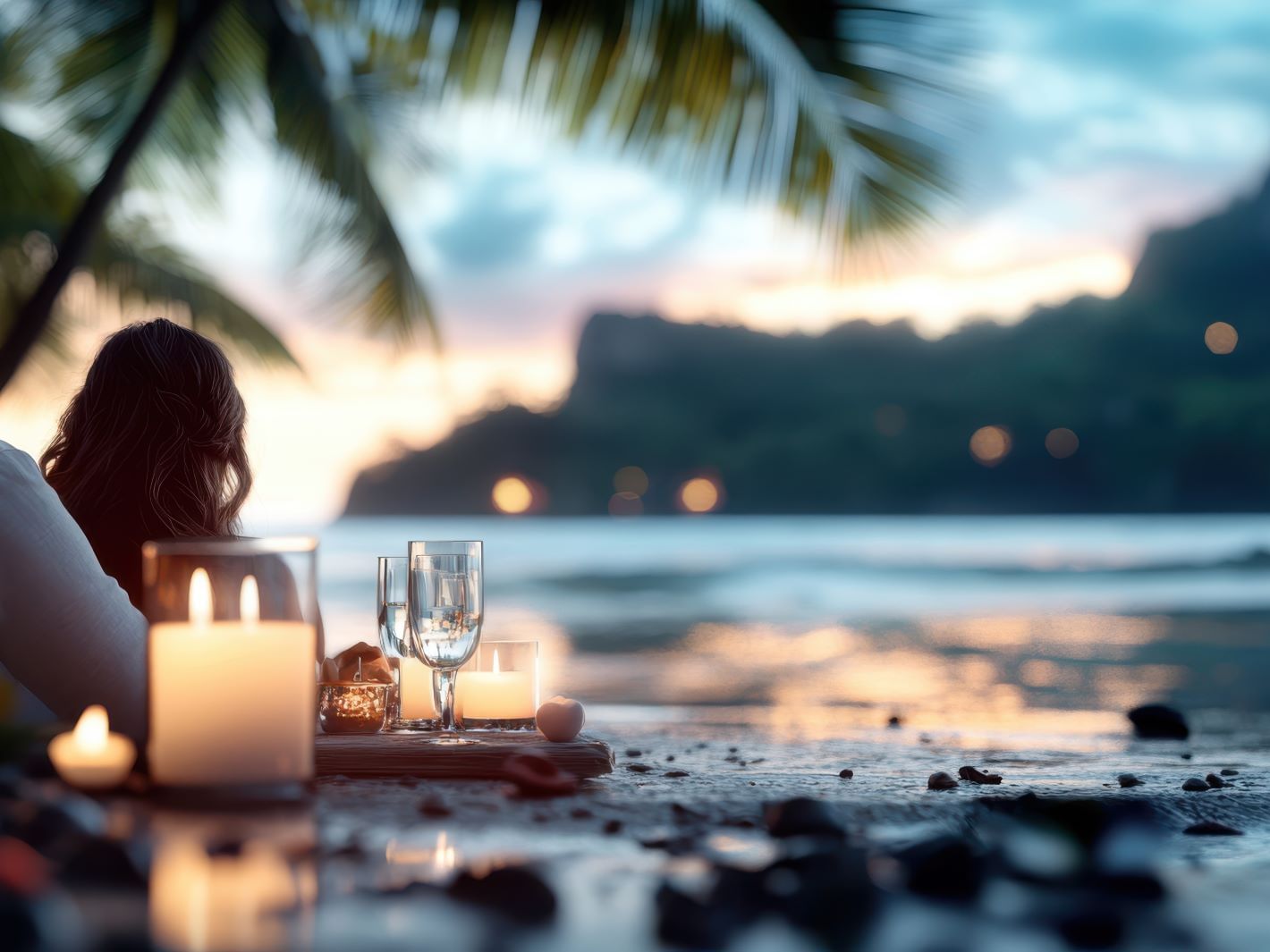 Pareja en un ambiente a la luz de las velas en la playa, con copas de vino, en Isla Pastores, cerca del Central Hotel Bocas del Toro