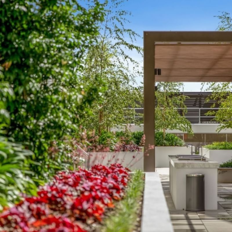 Outdoor garden with canopy, red flowers, greenery, and a covered area with a barbeque.