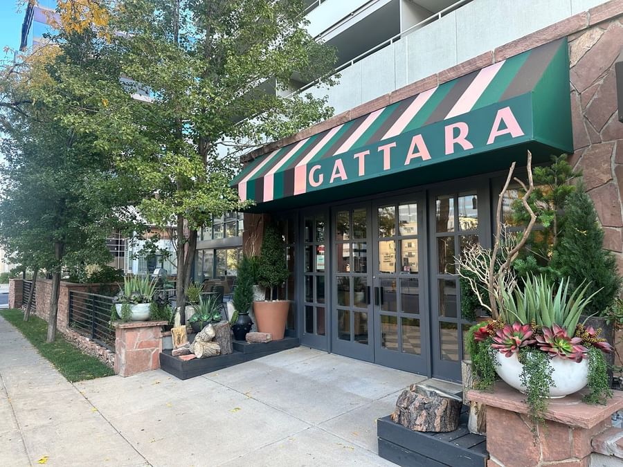 Green awning by glass doors under a stone wall near potted succulents at Warwick Denver