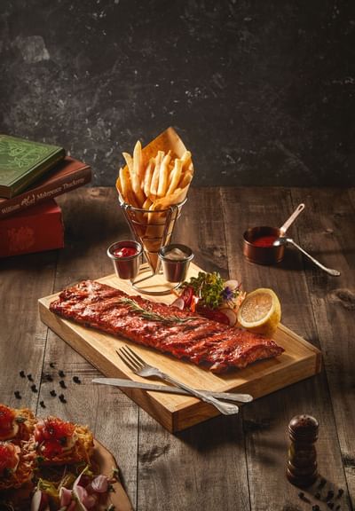 French fries, meat with sauce dishes at Hanoi Daewoo Hotel