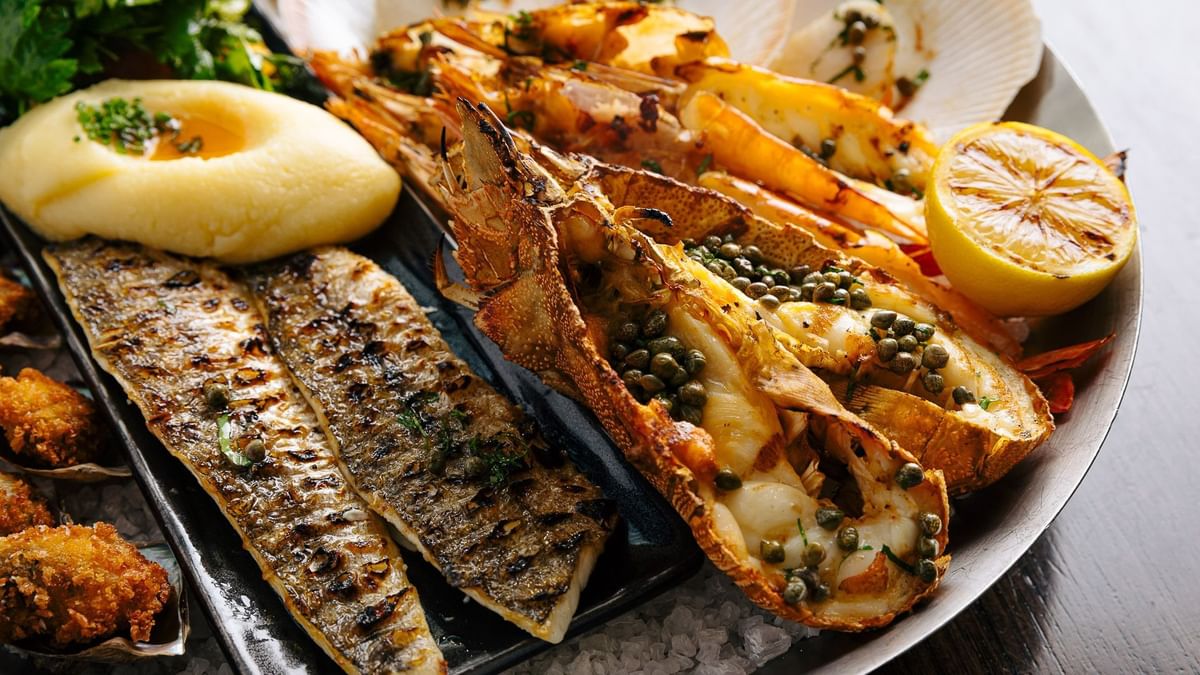 Seafood platter with lobster, fish, and scallops served in The Atlantic Restaurant at Crown Hotel Melbourne