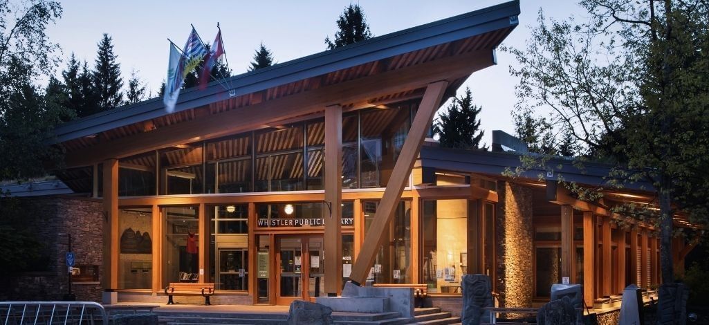 Whistler Public Library exterior at dusk