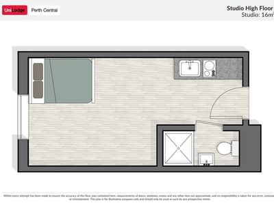 Floor plan of a 16 square meter studio high floor room showing bed, kitchenette, and bathroom layout at UniLodge Perth Central
