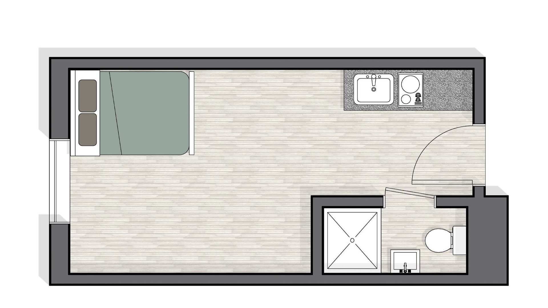 Floor plan of a 16 square meter studio high floor room showing bed, kitchenette, and bathroom layout at UniLodge Perth Central