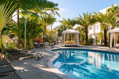 Beautiful outdoor swimming pool, lounge chairs, and cabana, surrounded by lush palms at Kenmore Village Hotel South Beach
