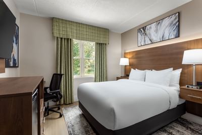 TV with work desk facing bed by window in 1 Queen Bed Mobility Accessible Heritage Room at Spencer Hotel