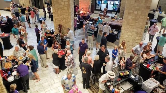 Lively gathering in the spacious Main Lobby of Shangri-La Monkey Island