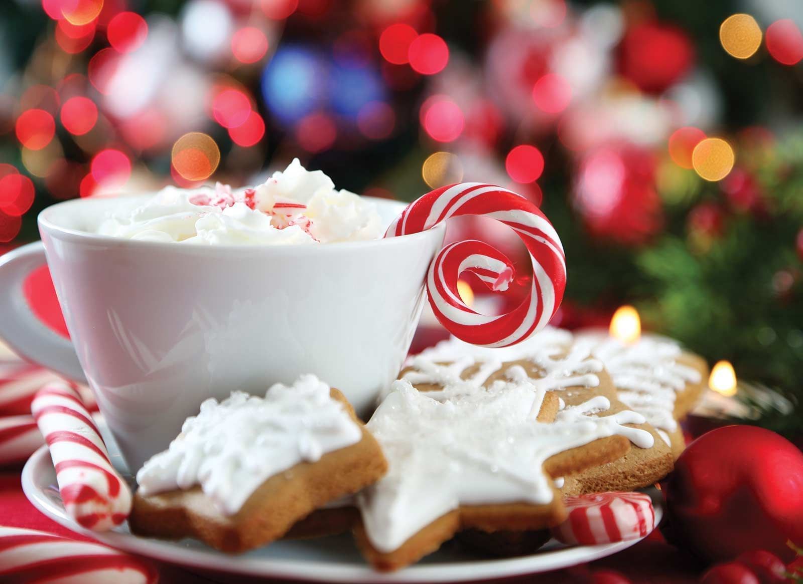 coffee mug with cookies, peppermint, candy canes