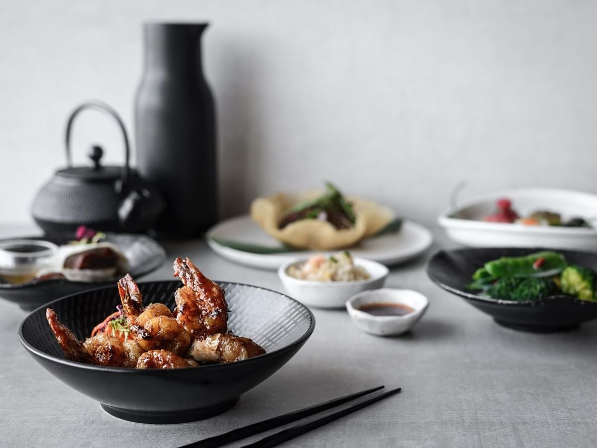 Close-up of a shrimp & greens served at Crown Hotel Perth