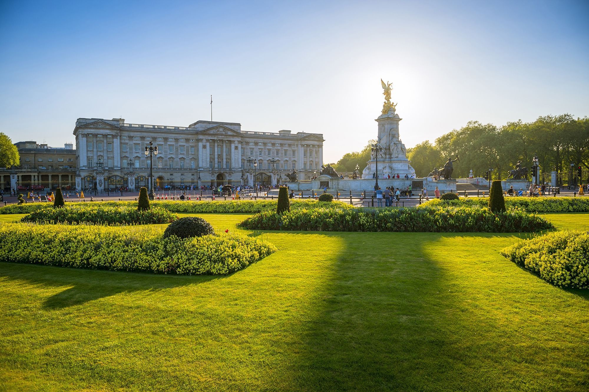 Sunny lawn surrounded by yellow flowers near the Victoria Memorial at The Capital Hotel, Apartments and Townhouse