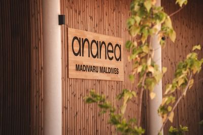 Entrance of Ananea Madivaru Maldives, with a wooden sign set against a bamboo wall, surrounded by lush greenery
