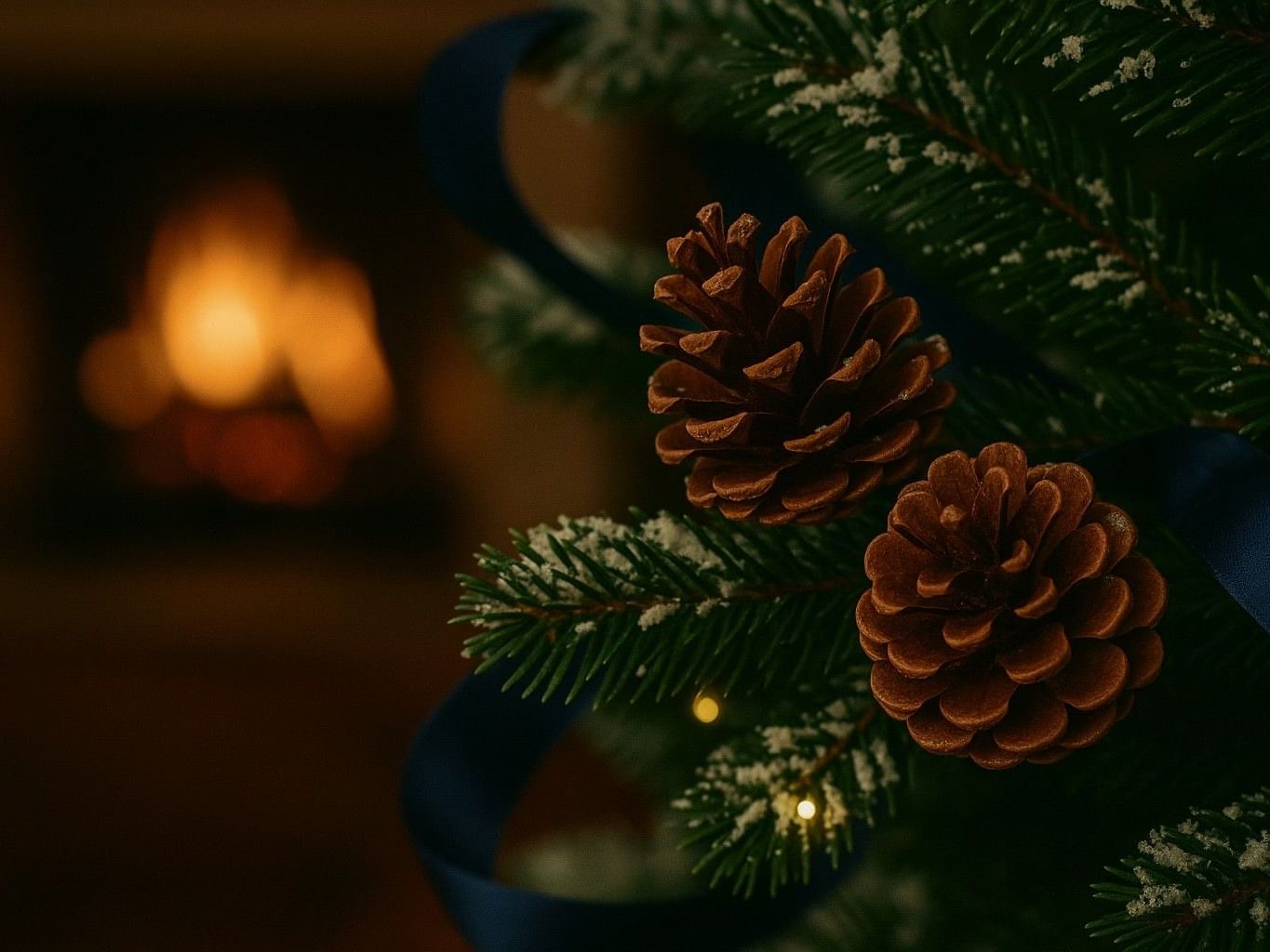 Holiday tree with acorns with fireplace in background.