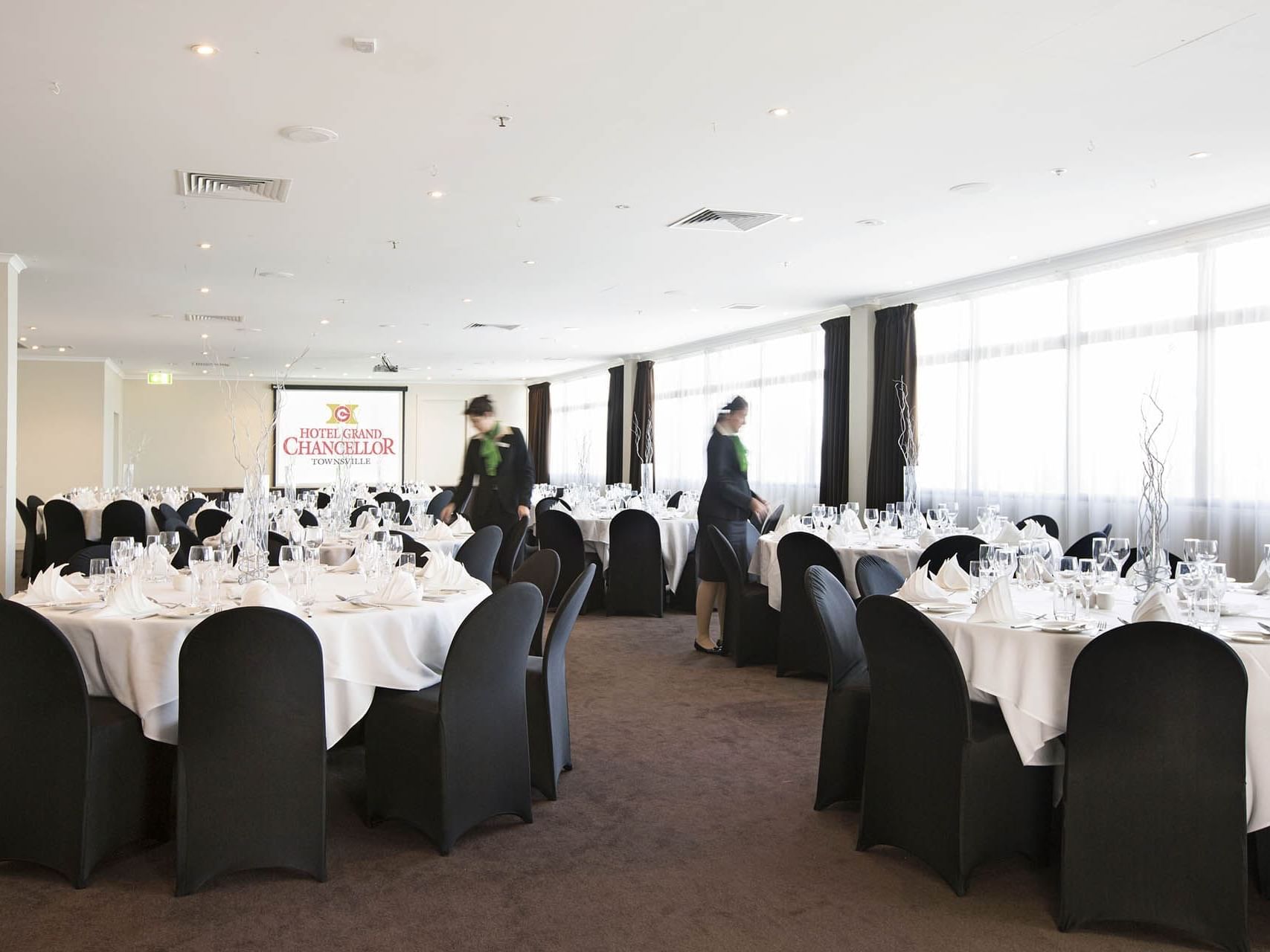 Banquet tables arranged in Pandora Room at Grand Chancellor Townsville