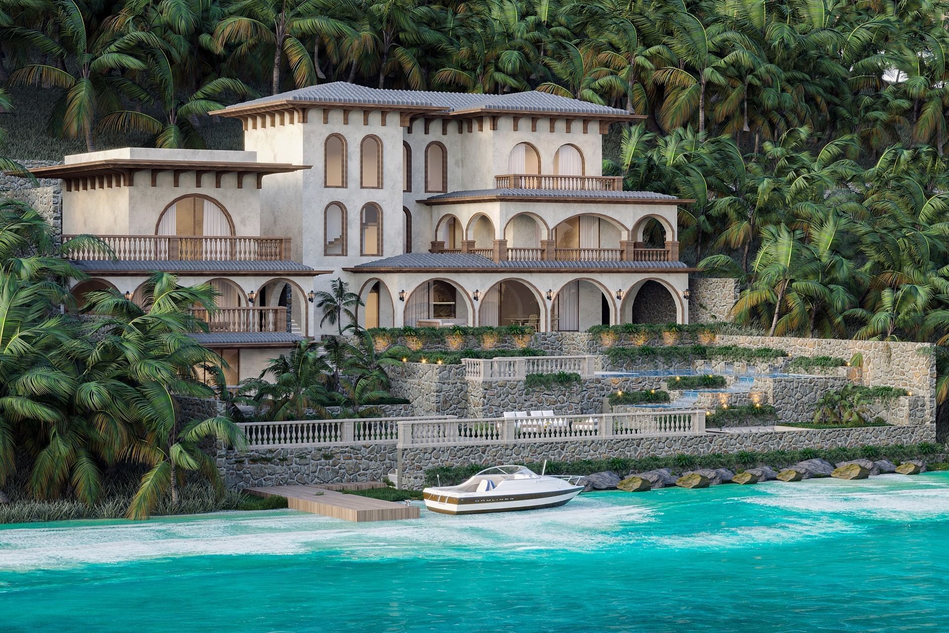 Beautiful Mediterranean-style Sogno Villa, with large windows, balconies, and a stunning ocean view at A'ila Villas