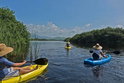 Three people kayaking on a river near Marea Beachfront Villas