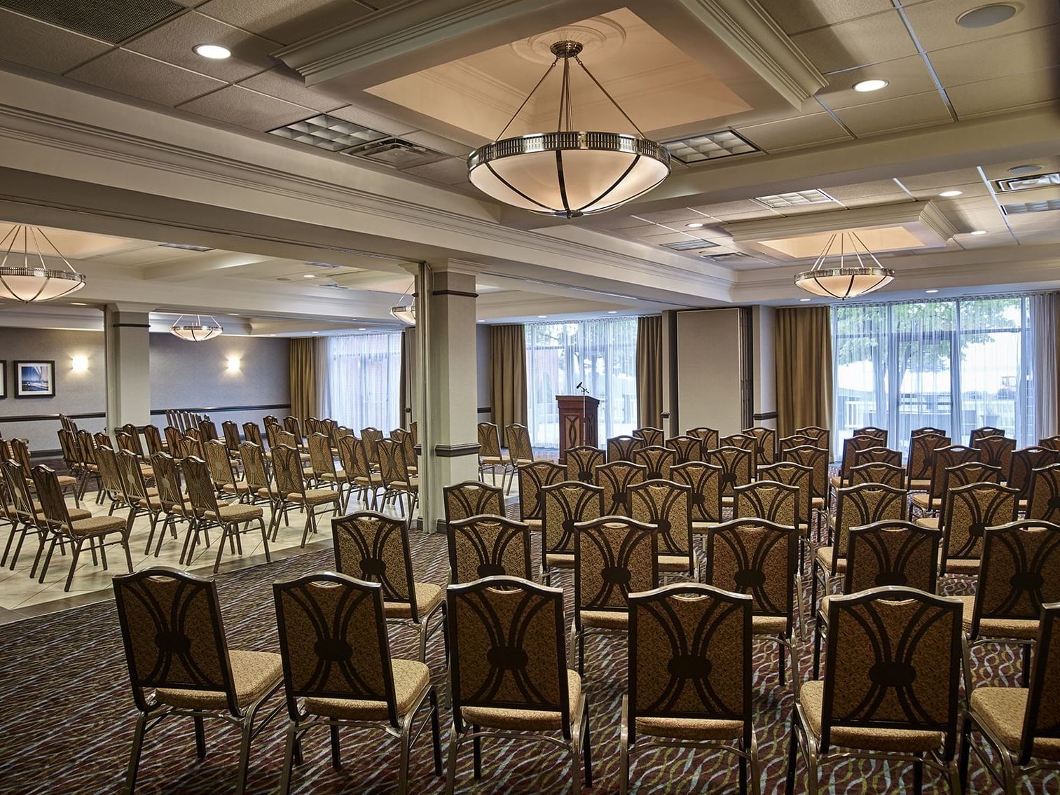 Classroom setup in blue water ballroom at Waterfront Hotel