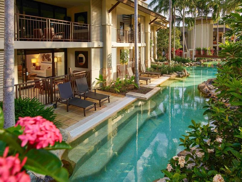 Swim-Out Apartments with pool, lounge chairs and surrounded by lush vegetation at Pullman Port Douglas
