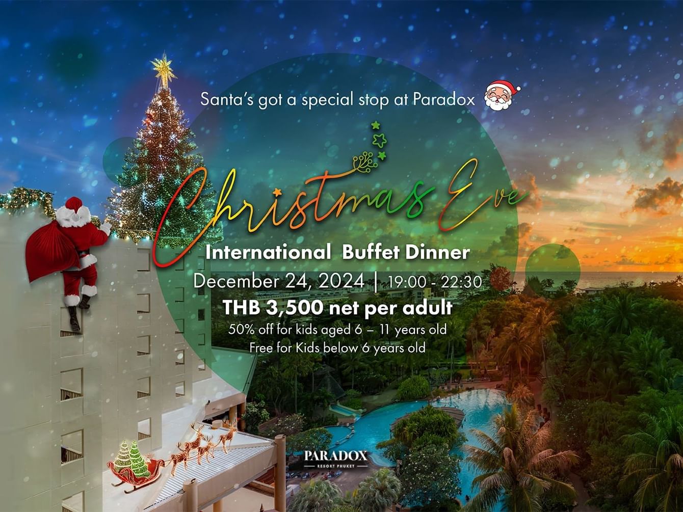 Banner for Paradox Resort’s Christmas Eve Dinner on Dec 24, 2024, with Santa climbing a building, and event details.