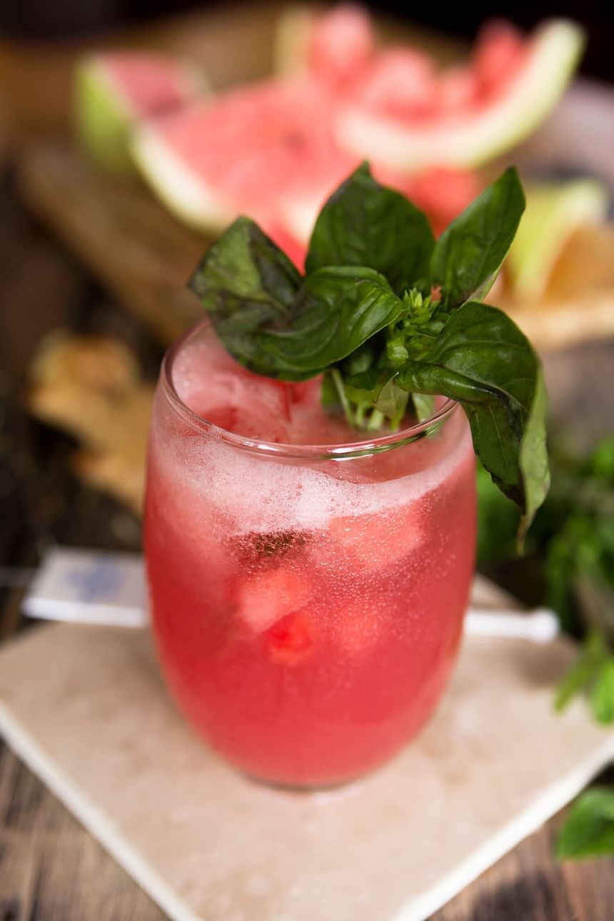 Watermelon Cocktail with basil leaves served in The Kitchen at Pensativo House Hotel