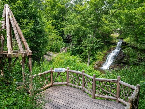 Wooden deck surrounded by lush greenery overlooking Stratton Falls and trail near The Roxbury