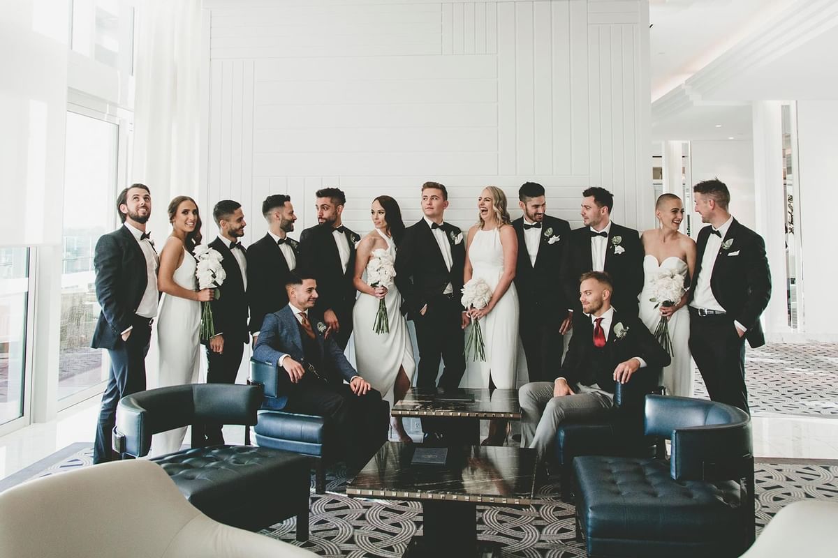 Group posing for a wedding photo at Crown Hotel Perth