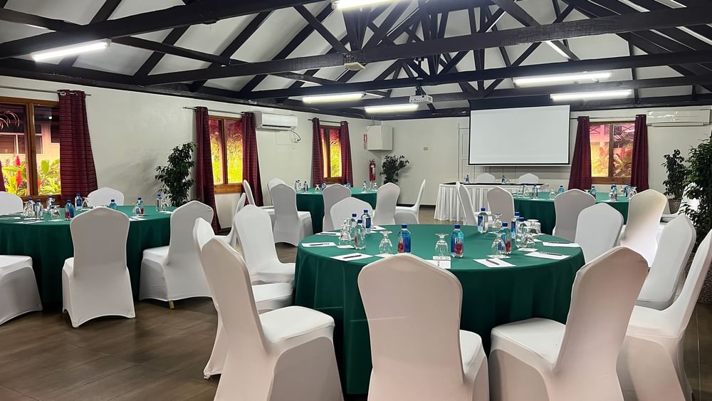 Conference Room 2 with round tables and white chairs at Tokatoka Resort - Fiji International Airport in Nadi.