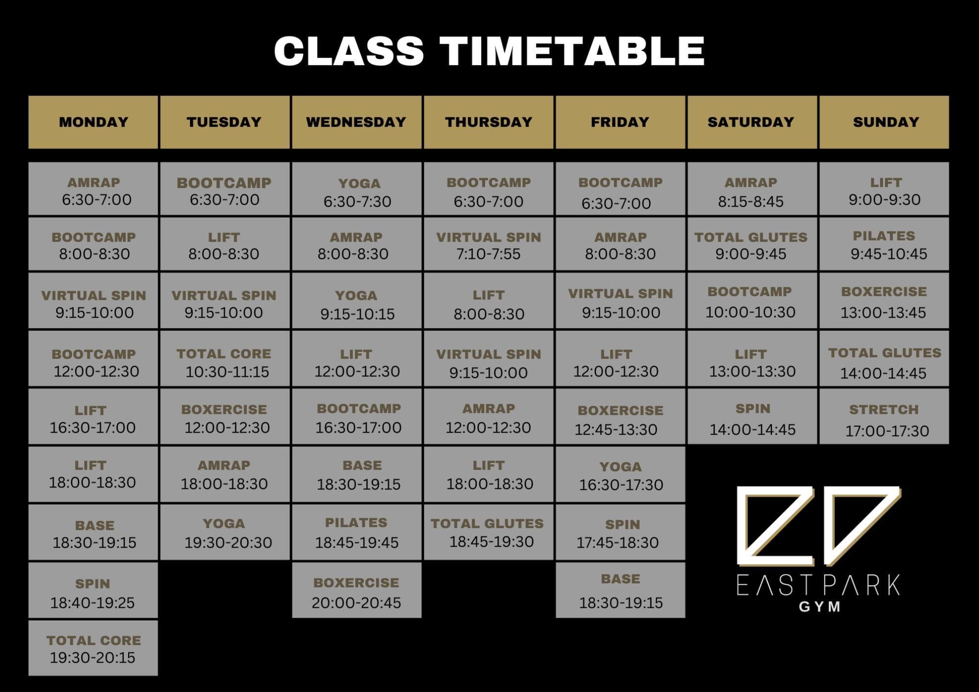 Class timetable at East Park Gym in Woikngham