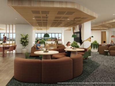 Interior design of UniLodge Brisbane City with tables, chairs, and lounge areas.
