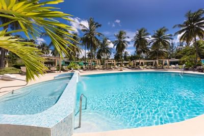 Outdoor pool surrounded by palm trees under a clear sky at All Seasons Resort Europa