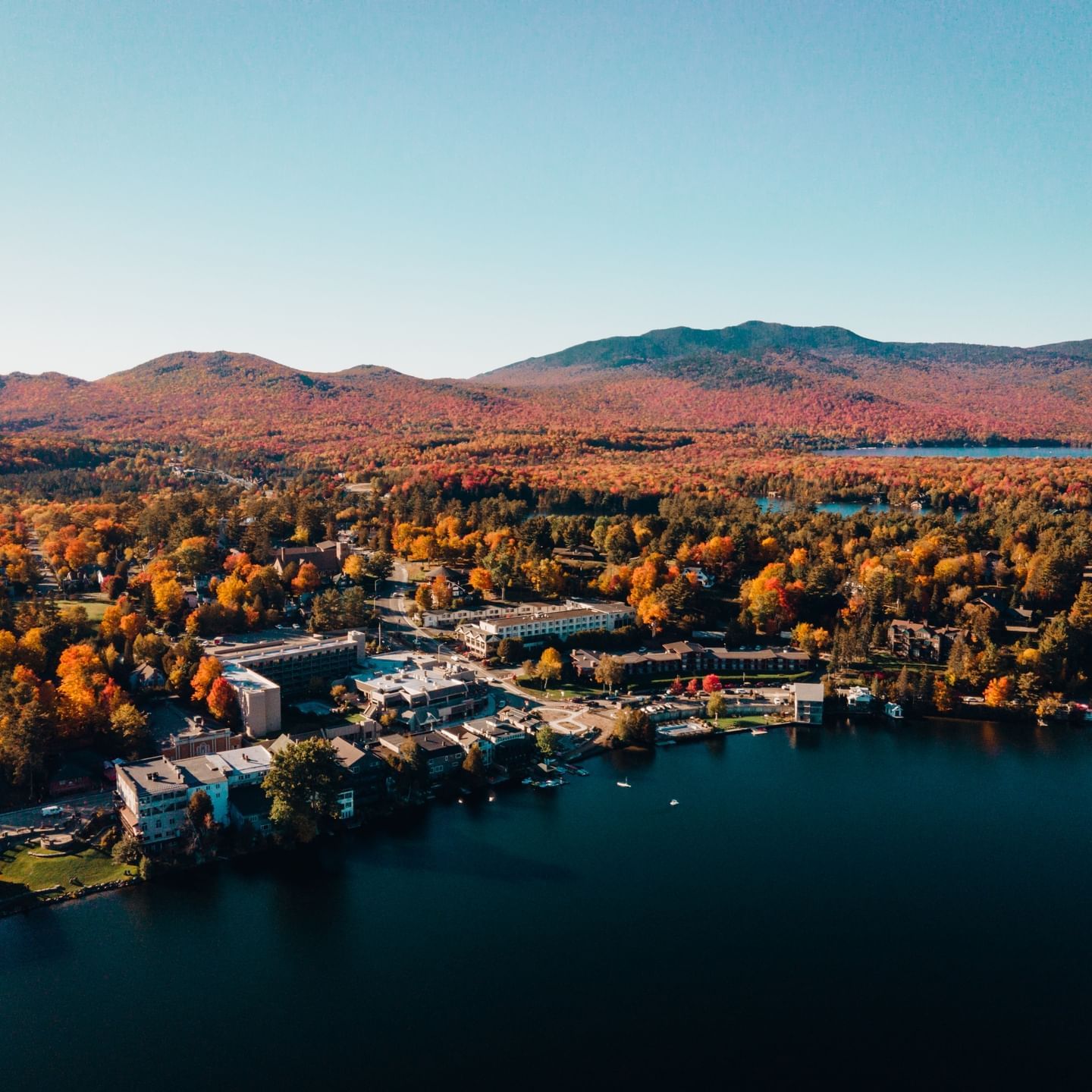 Aerial view of the Mirror Lake in New York State near High Peaks Resort