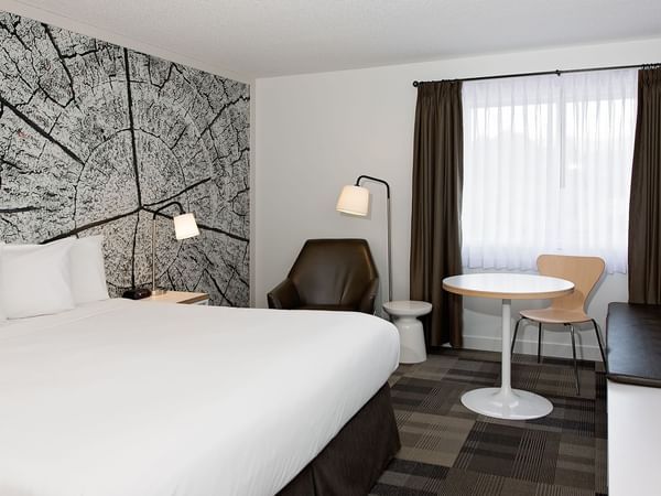 Bed in hotel room with artwork of tree trunk