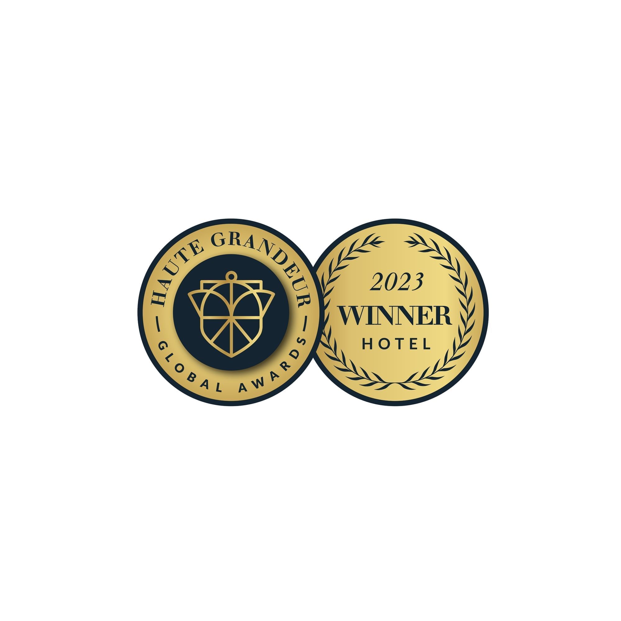 Two circular gold and black badges indicating 2023 winner hotel at Paradox Vancouver