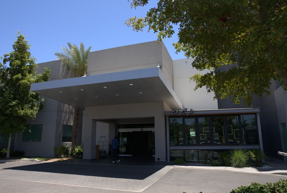 Hotel Mirra entrance with palm tree and El Cafe windows, a modern hotel with meeting rooms in San Luis Sonora for events