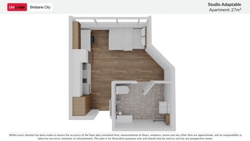 Floor plan of a studio adaptable apartment at UniLodge Brisbane City.
