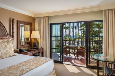 Balcony terrace in Ocean View King bedroom at Santa Barbara Inn
