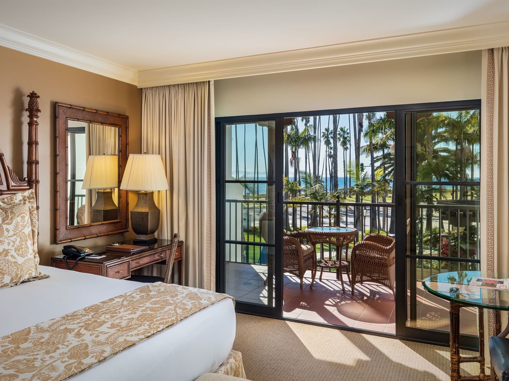 Balcony terrace in Ocean View King bedroom at Santa Barbara Inn