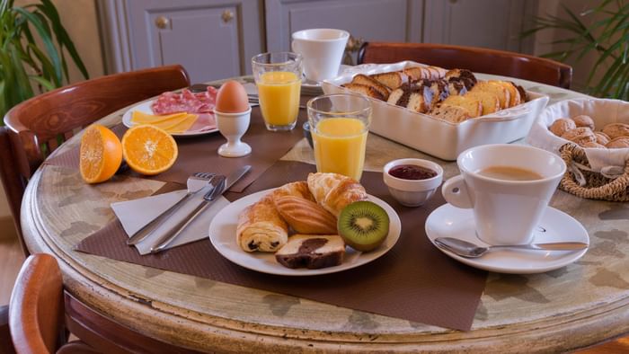 Closeup of a breakfast meal served at Hotel du Parc
