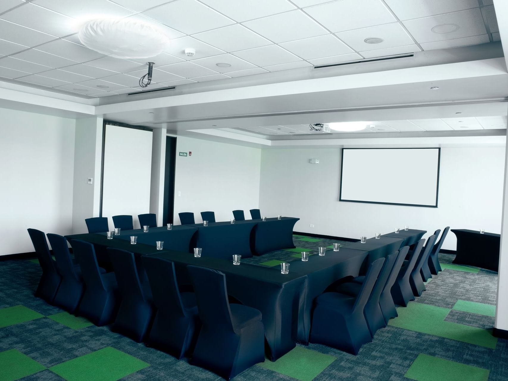 Green Room with U-shape table, chairs and screen at D Sabana Hotel, San Jose Costa Rica Hotel