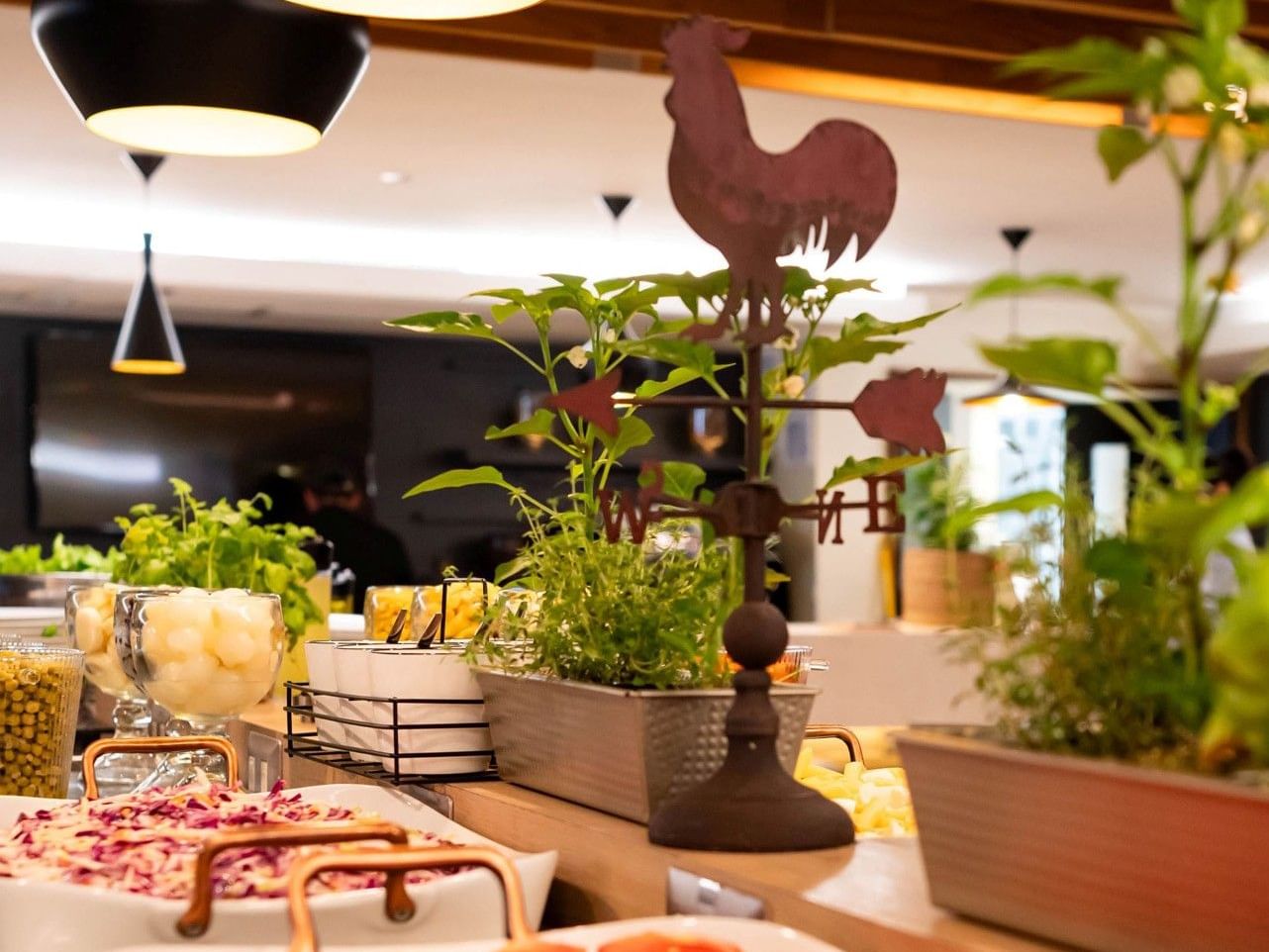 Mesa de bufé con verduras frescas y hierbas aromáticas en el hotel HCC Costanera Concepción.