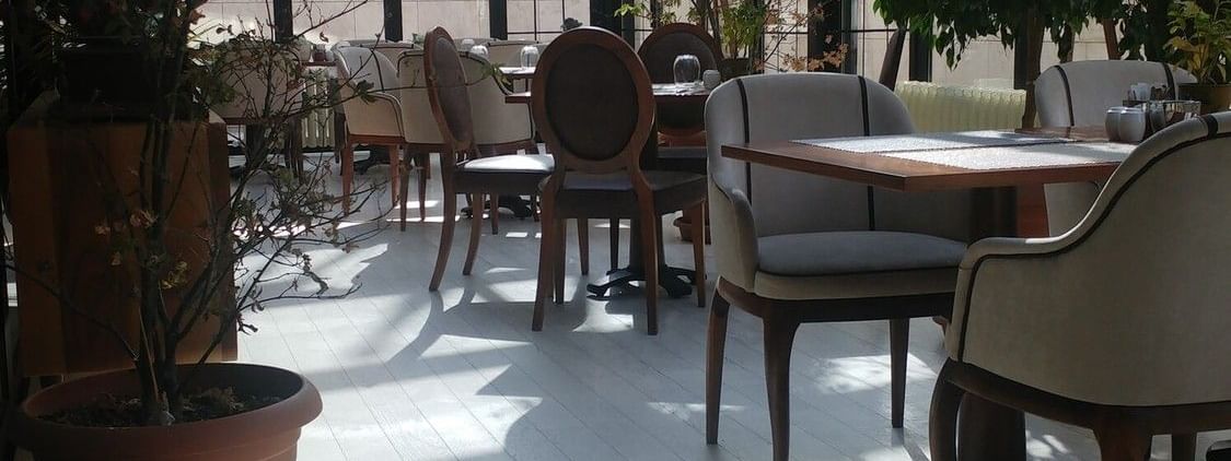 Potted plants by chairs surrounding dining tables under a glass sunroom in Maple Tree Restaurant at Warwick Ankara