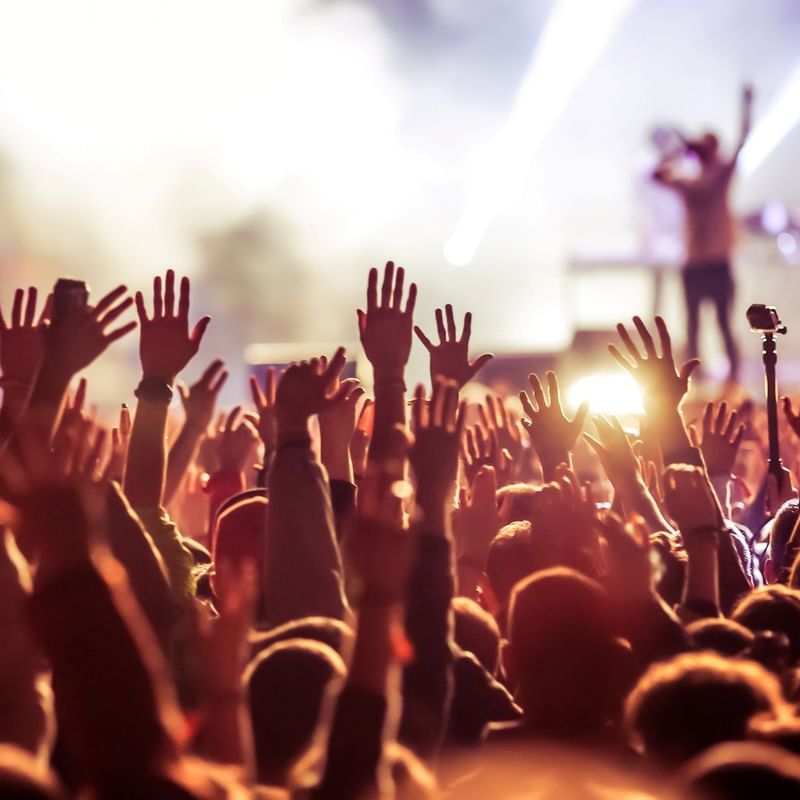 Crowd of people with their hands raised at a concert near Warwick Hotels and Resorts