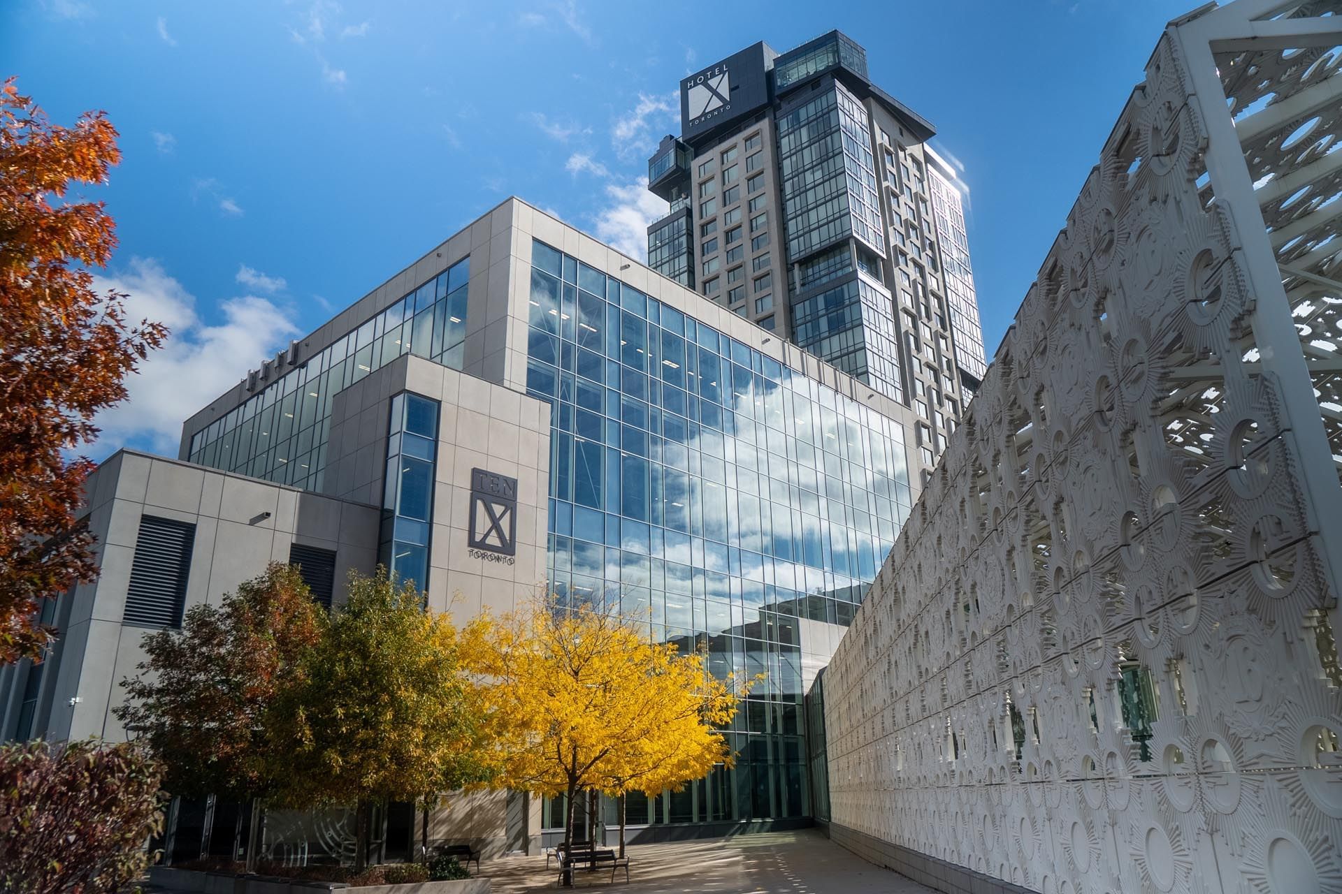 Low angle view of Hotel X Toronto with decorative facade and a yellow tree