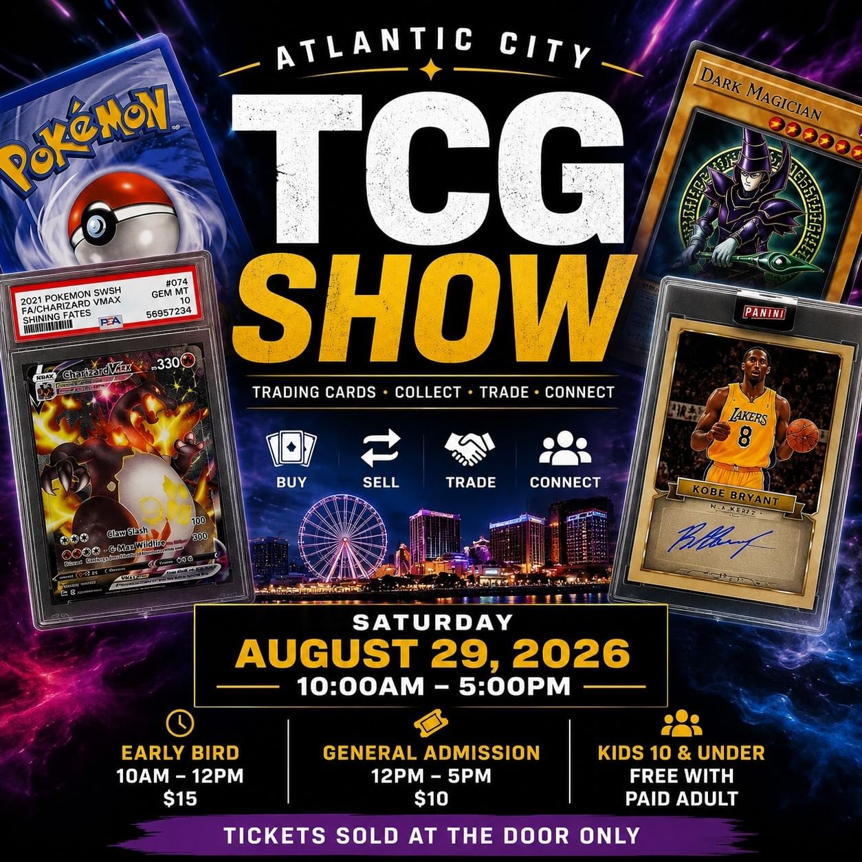 Promotional poster for Atlantic City TCG Show featuring trading cards including Pokemon, Yu-Gi-Oh, and Kobe Bryant collectibles.